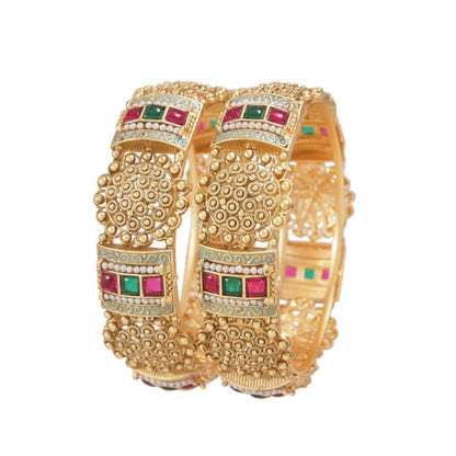 Antique Gold Plated Bangles with Red & Green Stone and Pearl Detailing