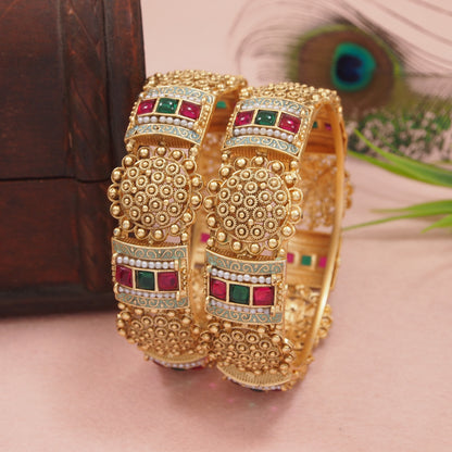 Antique Gold Plated Bangles with Red & Green Stone and Pearl Detailing