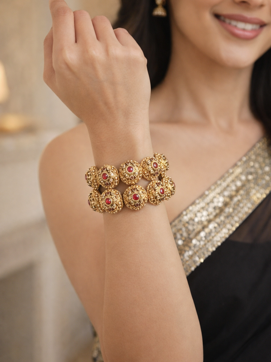 Antique Gold Plated Bangles with Red & White Stone Embellishments