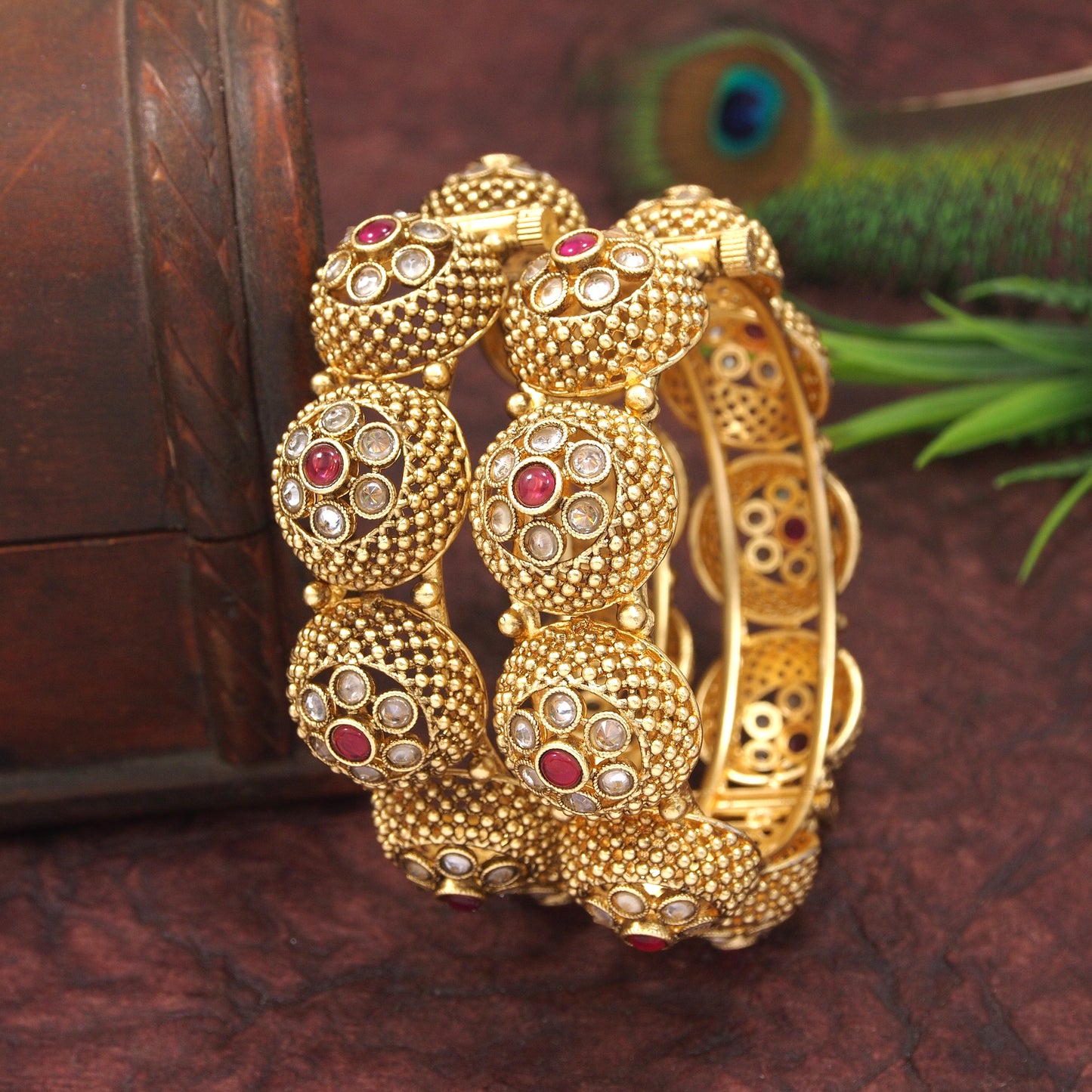 Antique Gold Plated Bangles with Red & White Stone Embellishments