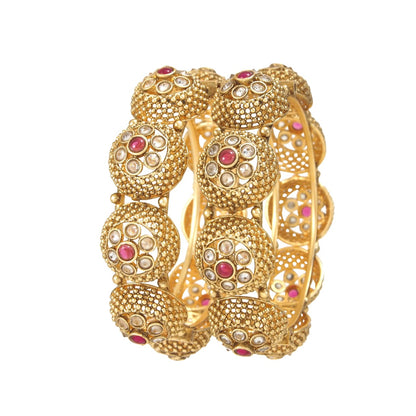 Antique Gold Plated Bangles with Red & White Stone Embellishments