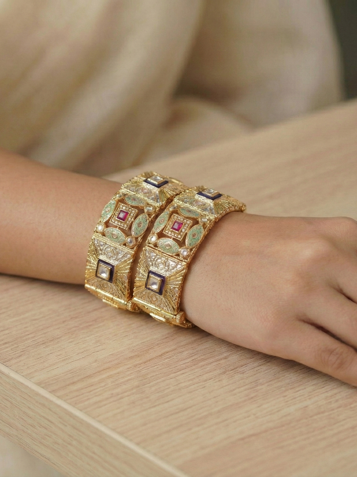 Antique Gold Plated Bangles with Meenakari & AD stone Works