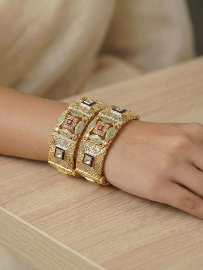 Antique Gold Plated Bangles with Meenakari & AD stone Works
