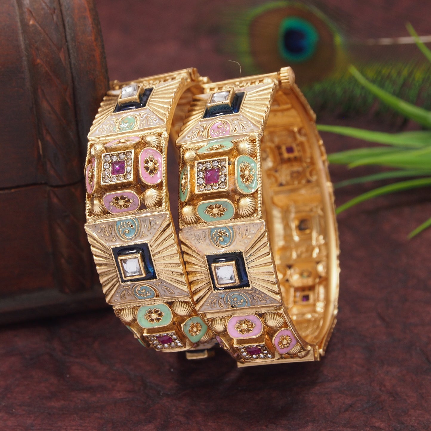Antique Gold Plated Bangles with Meenakari & AD stone Works