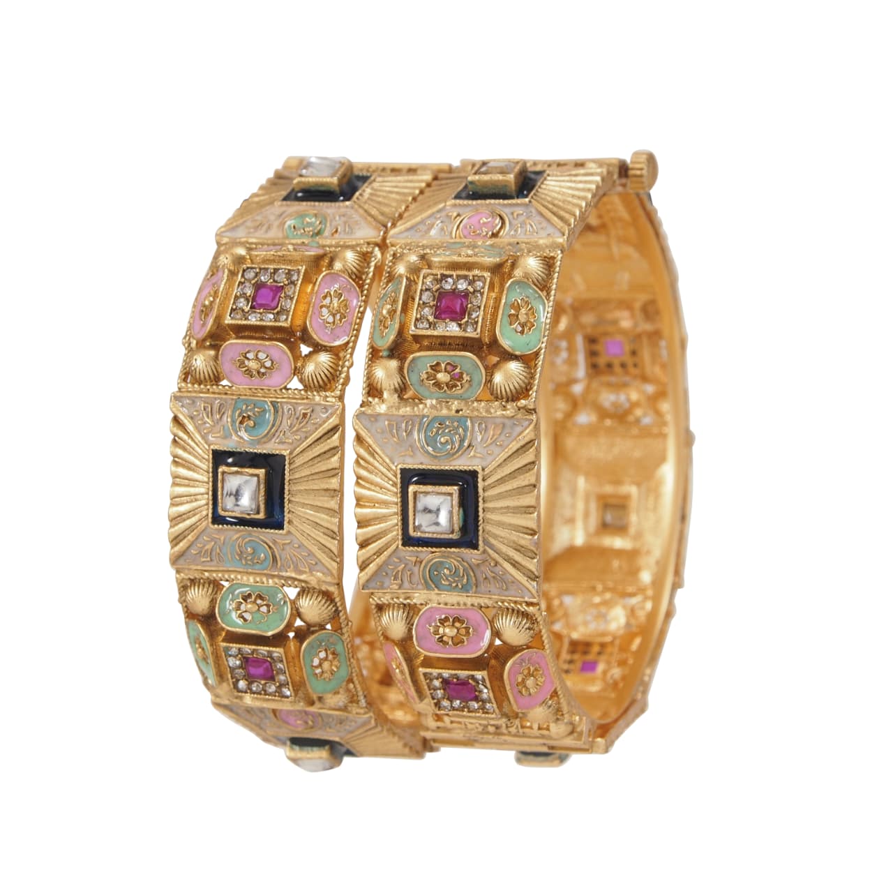 Antique Gold Plated Bangles with Meenakari & AD stone Works