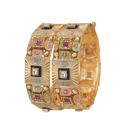 Antique Gold Plated Bangles with Meenakari & AD stone Works
