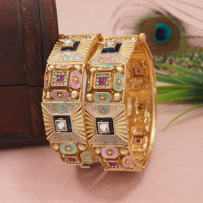 Antique Gold Plated Bangles with Meenakari & AD stone Works