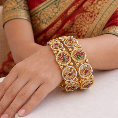Antique Rajwadi Gold Plated Brass Bangles with Pearl & Lotus Meenakari Design