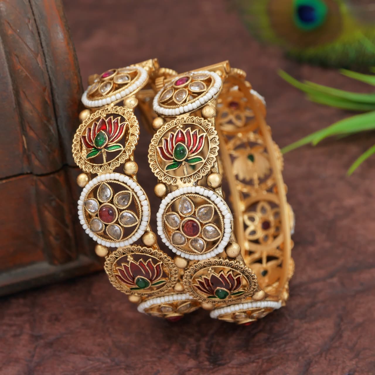 Antique Rajwadi Gold Plated Brass Bangles with Pearl & Lotus Meenakari Design