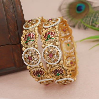 Antique Rajwadi Gold Plated Brass Bangles with Pearl & Lotus Meenakari Design