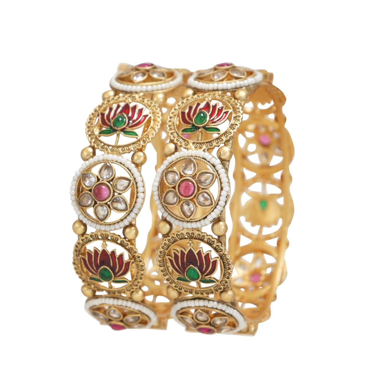 Antique Rajwadi Gold Plated Brass Bangles with Pearl & Lotus Meenakari Design