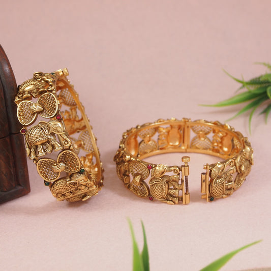 Royal antique gold elephant inspired kada bangle set