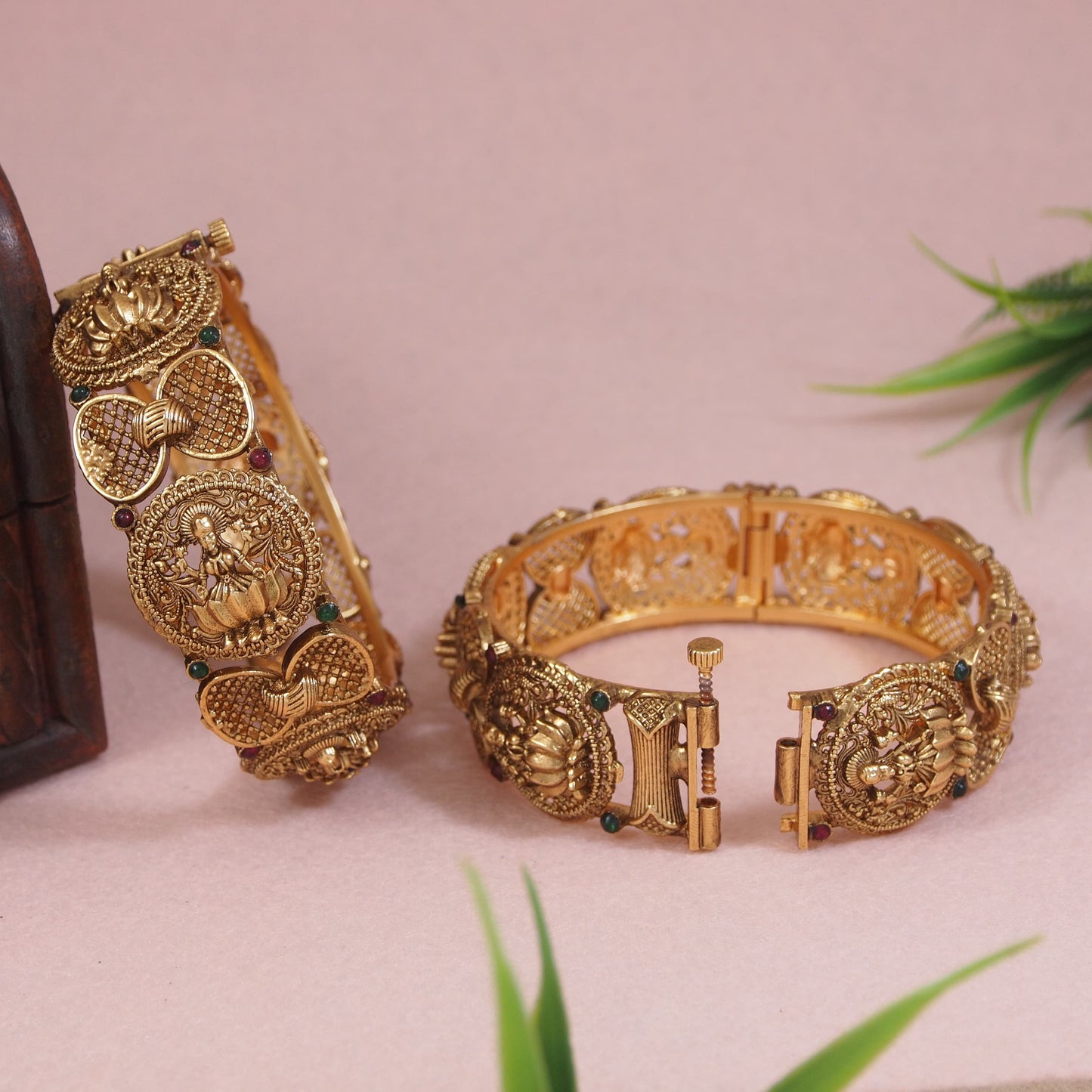 Antique Gold-Plated Brass Bangles with Intricate Temple Motifs