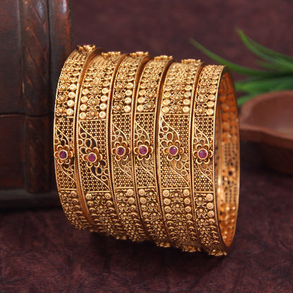 Matte Finish Traditional Floral Bangles - Set of 6