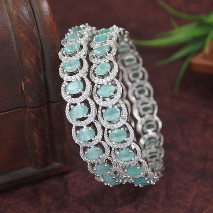 Elegant Silver Finish Bangles with Mint White Cat-Eye Stones(Pack of 2)