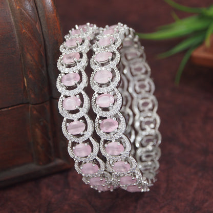 Elegant Silver Finish Bangles with Pink White Cat-Eye Stones(Pack of 2)