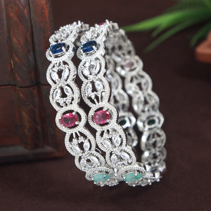 Elegant Multistone Zircon Brass Silver-Plated Bangles