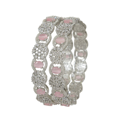 Sparkling Silver Finish Bangles with Pink-White Stones and Floral Design