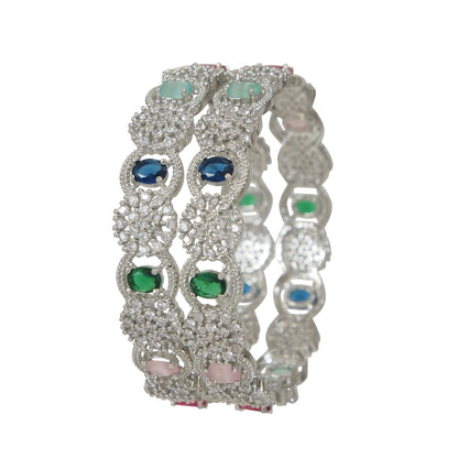 Sparkling Silver Finish Bangles with Multicolor Stones and Floral Design