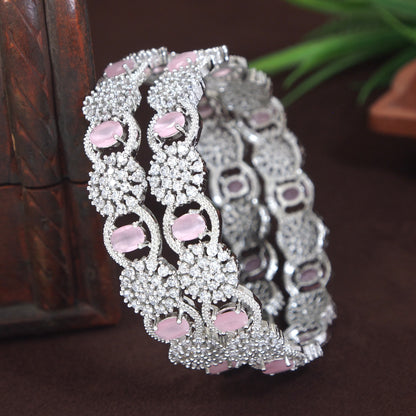 Sparkling Silver Finish Bangles with Pink-White Stones and Floral Design