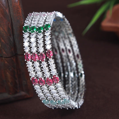 Silver Finish Multi Stone Studded Designer Bangle (Pack of 4)