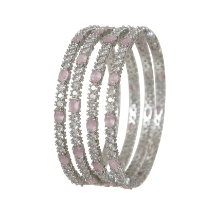 Silver Finish Pink-White Stone Studded Designer Bangle (Pack of 4)