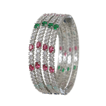 Silver Finish Multi Stone Studded Designer Bangle (Pack of 4)