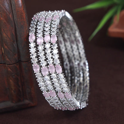 Exquisite Pink Zircon Brass Silver-Plated Bangles