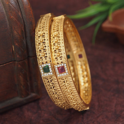 Antique Gold Finish Floral Designer Bangles with Multi-Stone Accents