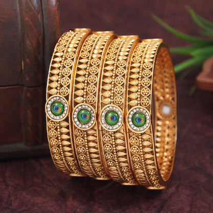 Traditional Peacock Design Gold Finish Bangles – Set of 4