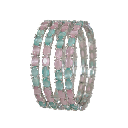 Elegant Mint & Pink Silver Finish Stone Bangles – Set of 4