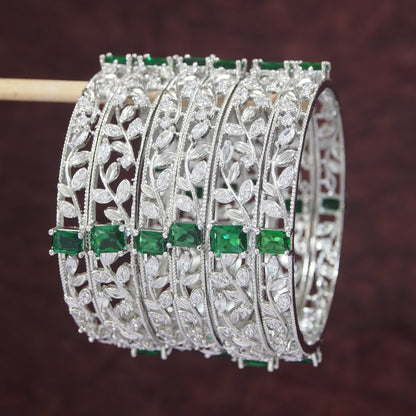 Elegant Green & White Stone Silver Finish Bangles – Set of 6