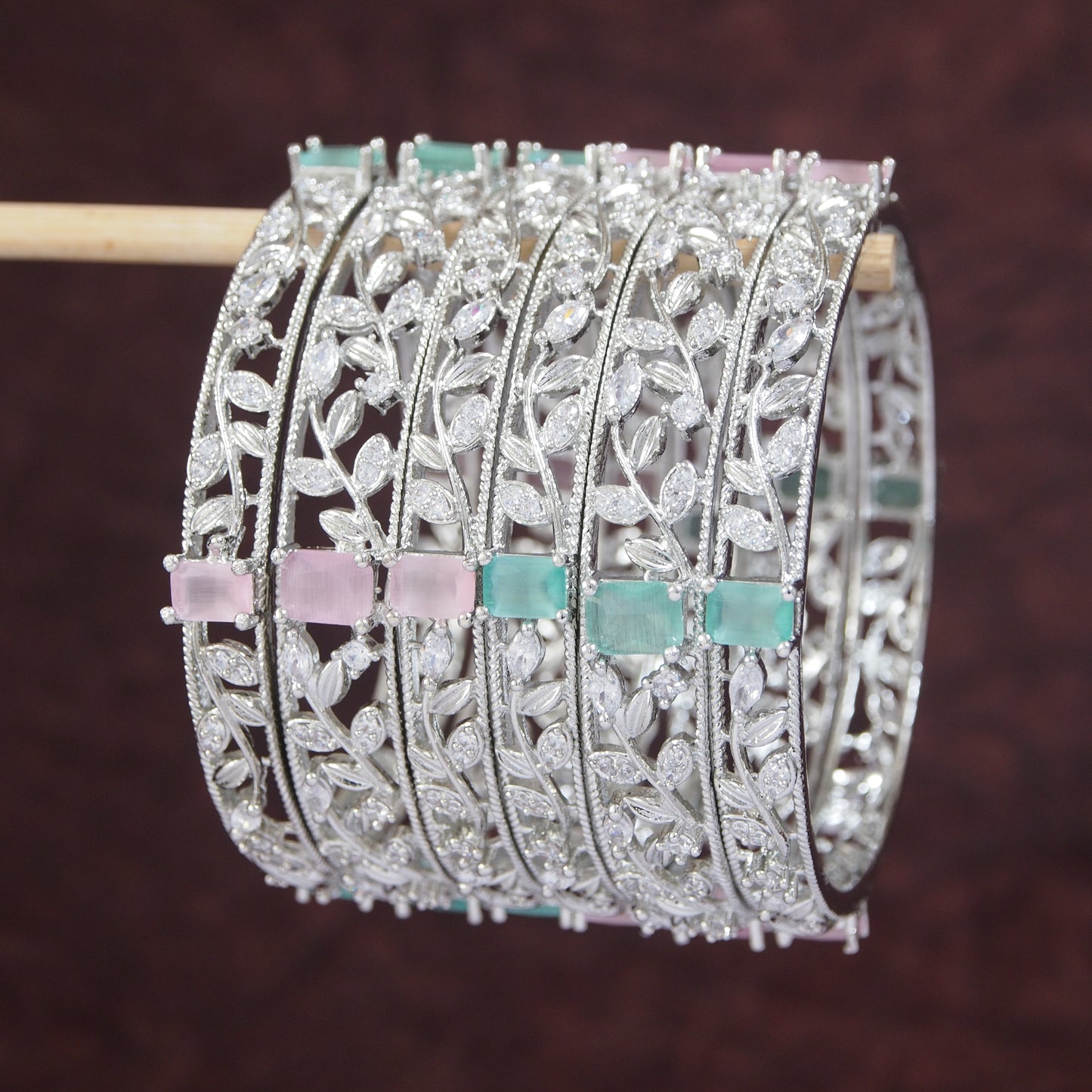 Elegant Mint-Pink Stone Silver Finish Bangles – Set of 6