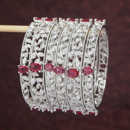 Elegant Ruby-White Stone Silver Finish Bangles – Set of 6