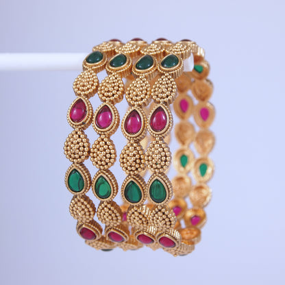 Antique Brass Bangle with Ruby & Emerald-Inspired Stones