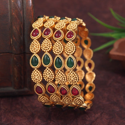 Antique Brass Bangle with Ruby & Emerald-Inspired Stones