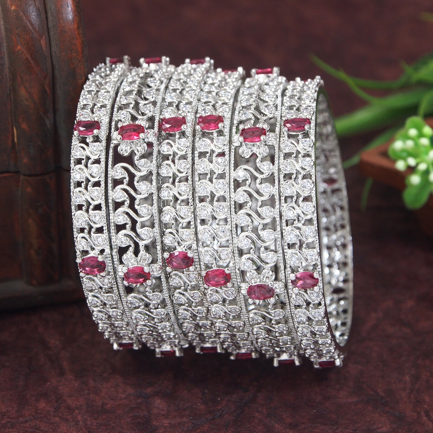Silver Finish Ruby-white Stone Designer Bangles– Set of 6