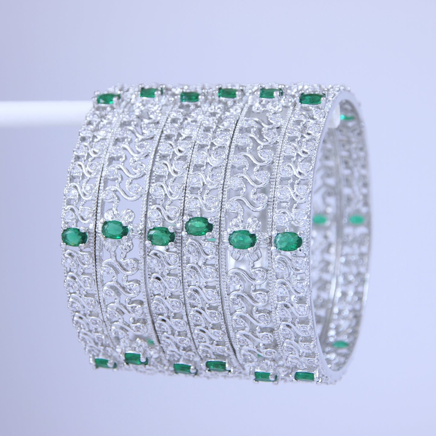 Silver Finish Green-white Stone Designer Bangles– Set of 6