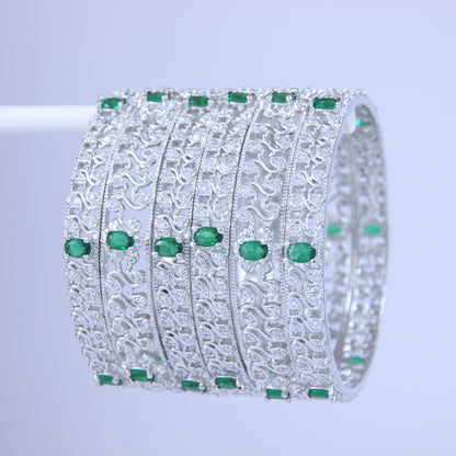 Silver Finish Green-white Stone Designer Bangles– Set of 6
