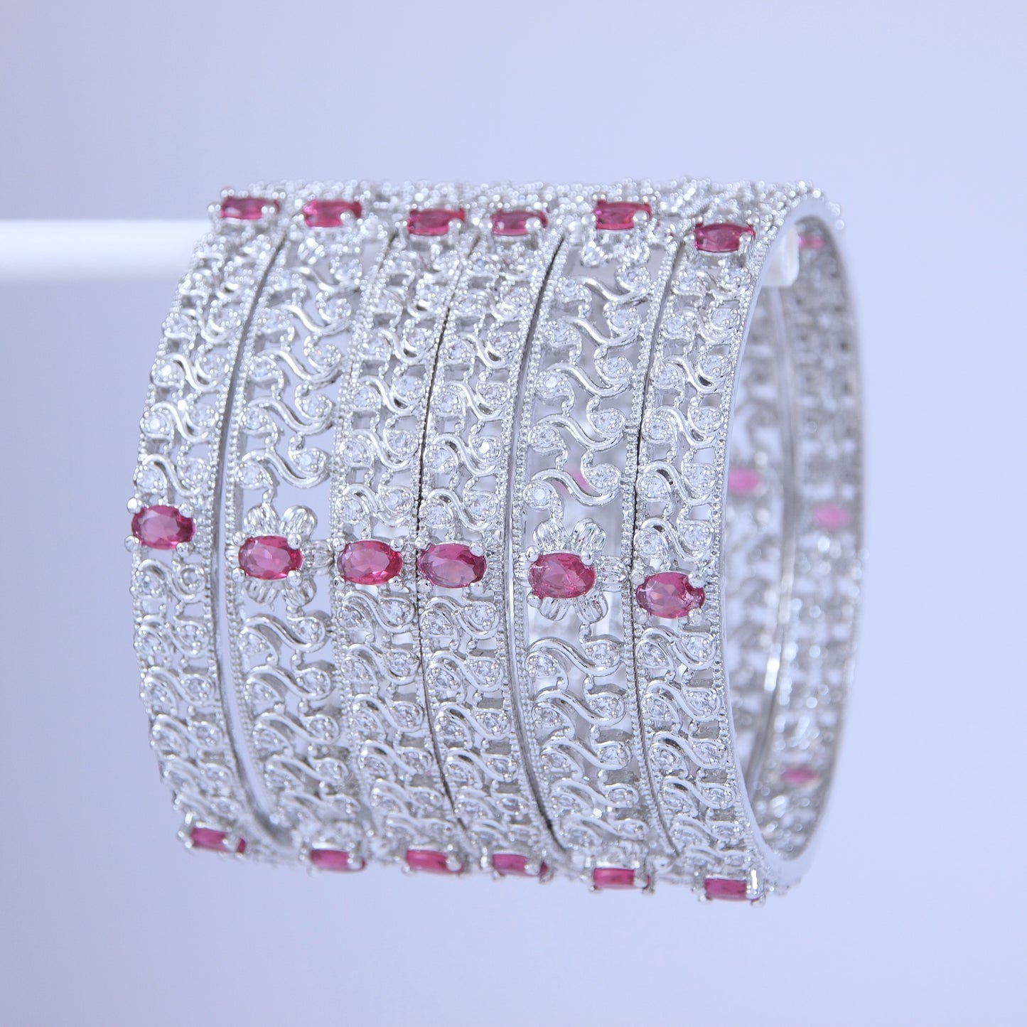 Silver Finish Ruby-white Stone Designer Bangles– Set of 6