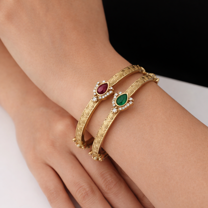 Victorian Plated Brass Bangles with Ruby-Green Kundan & AD Stones