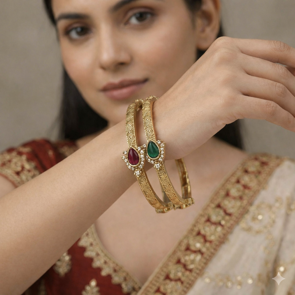 Victorian Plated Brass Bangles with Ruby-Green Kundan & AD Stones