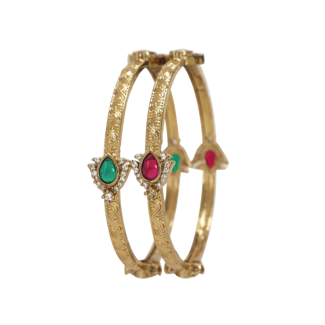Victorian Plated Brass Bangles with Ruby-Green Kundan & AD Stones