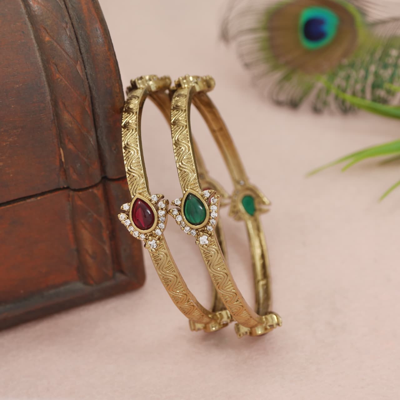Victorian Plated Brass Bangles with Ruby-Green Kundan & AD Stones