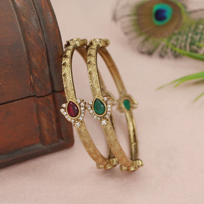 Victorian Plated Brass Bangles with Ruby-Green Kundan & AD Stones