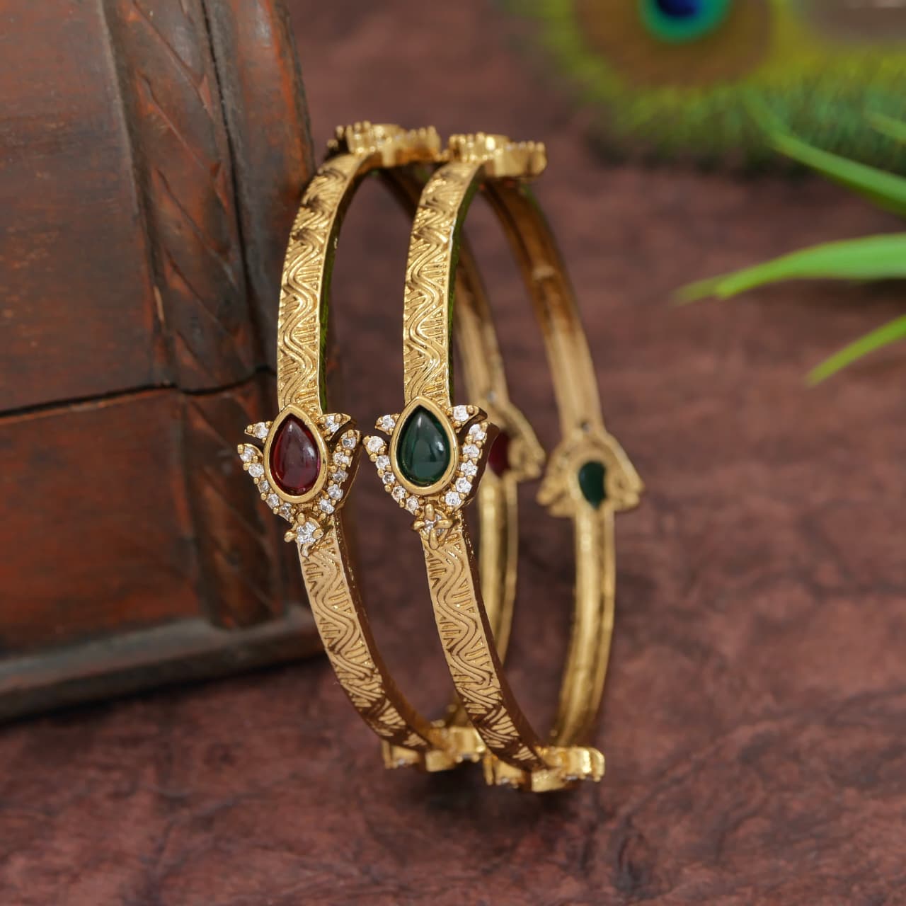 Victorian Plated Brass Bangles with Ruby-Green Kundan & AD Stones