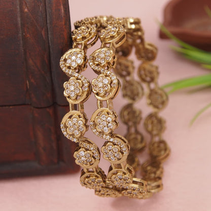 Orna Exquisite Floral Brass Gold-Plated Bangles with Cubic Zirconia