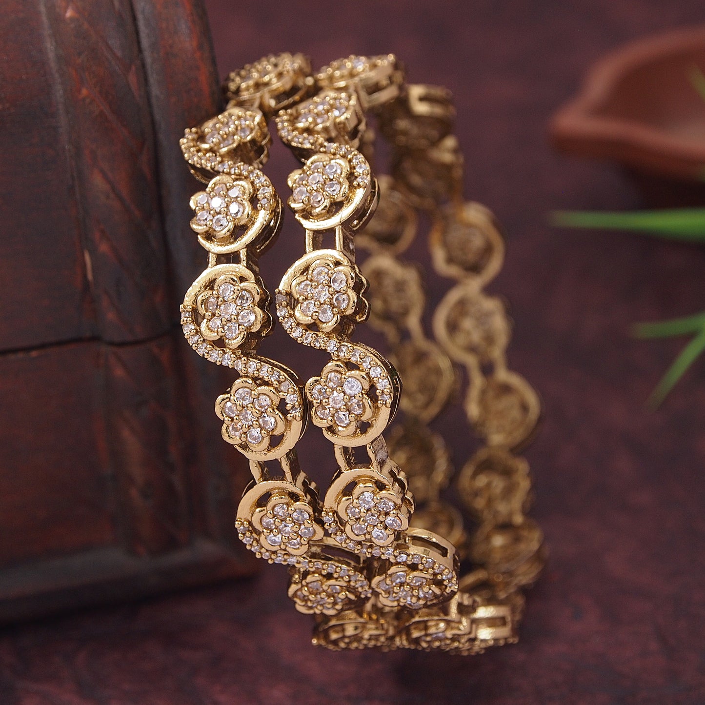 Orna Exquisite Floral Brass Gold-Plated Bangles with Cubic Zirconia