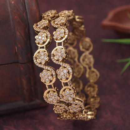 Orna Exquisite Floral Brass Gold-Plated Bangles with Cubic Zirconia