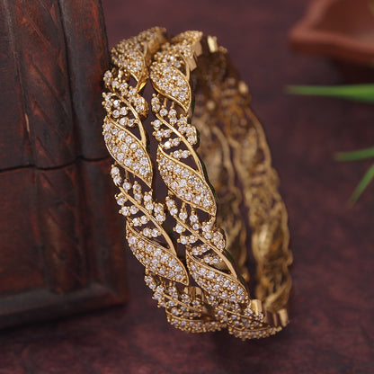 Orna Elegant Victorian-Plated Leaf Design Bangles with Sparkling AD Stones